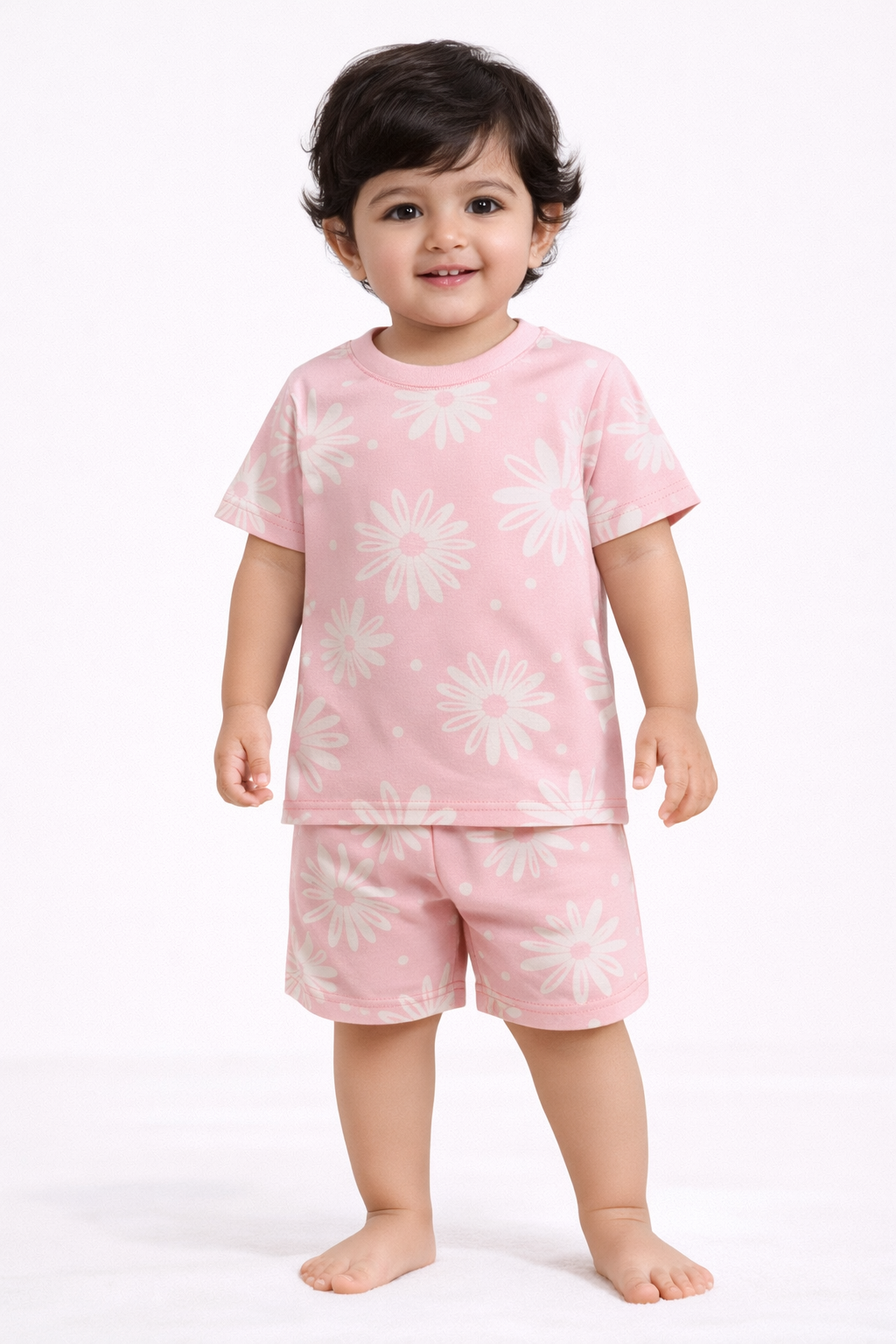 Cotton Shorts Sleeves Tshirt with Shorts Sets (Soft Pink Blossom)