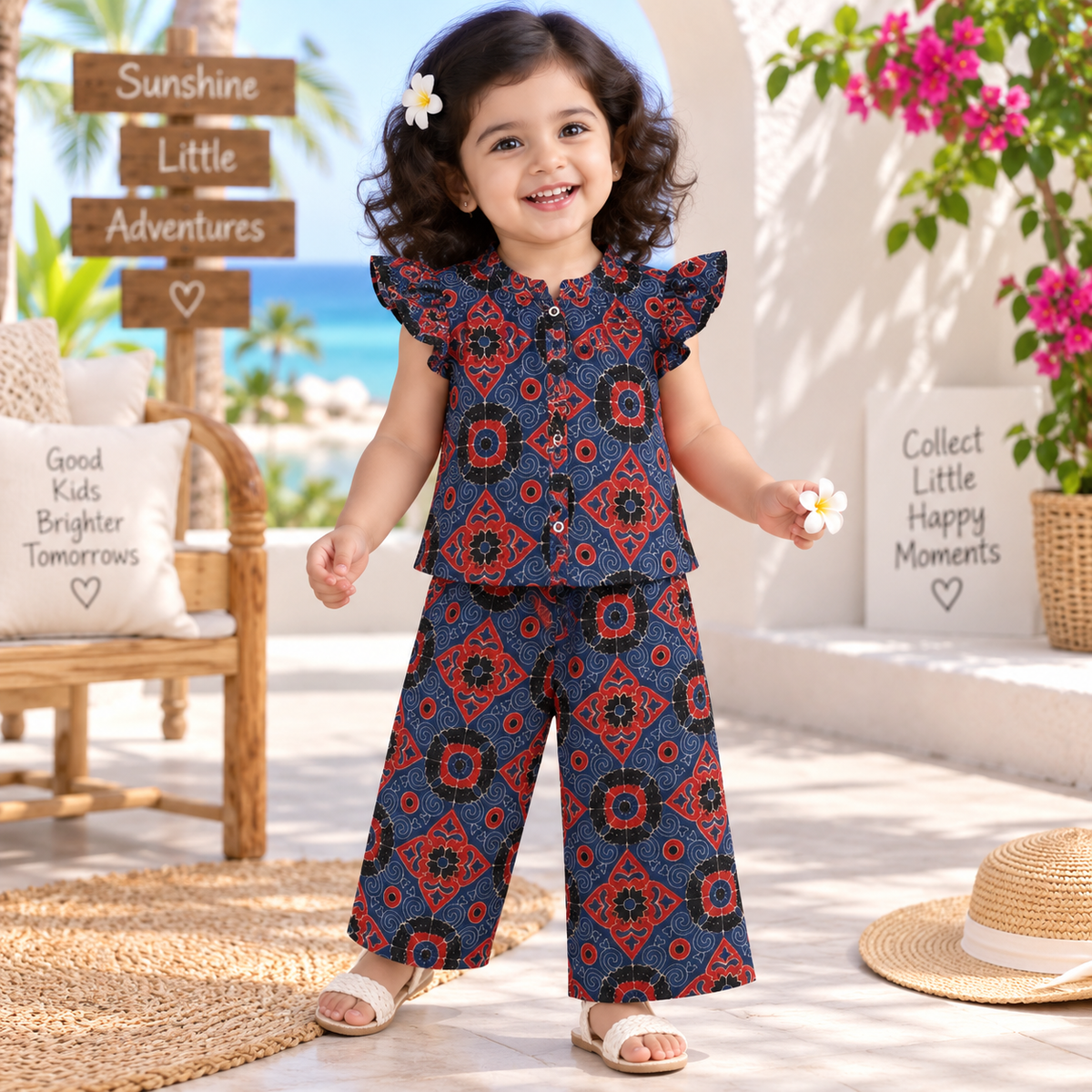 Girls Casual Cotton Printed Frill Top & Pant Co-ord Set (0-11 Yrs) (C060)(Navy Red )