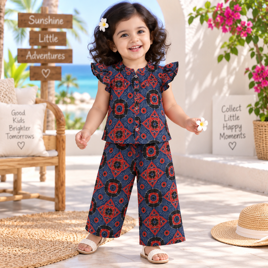 Girls Casual Cotton Printed Frill Top & Pant Co-ord Set (0-11 Yrs) (C060)(Navy Red )
