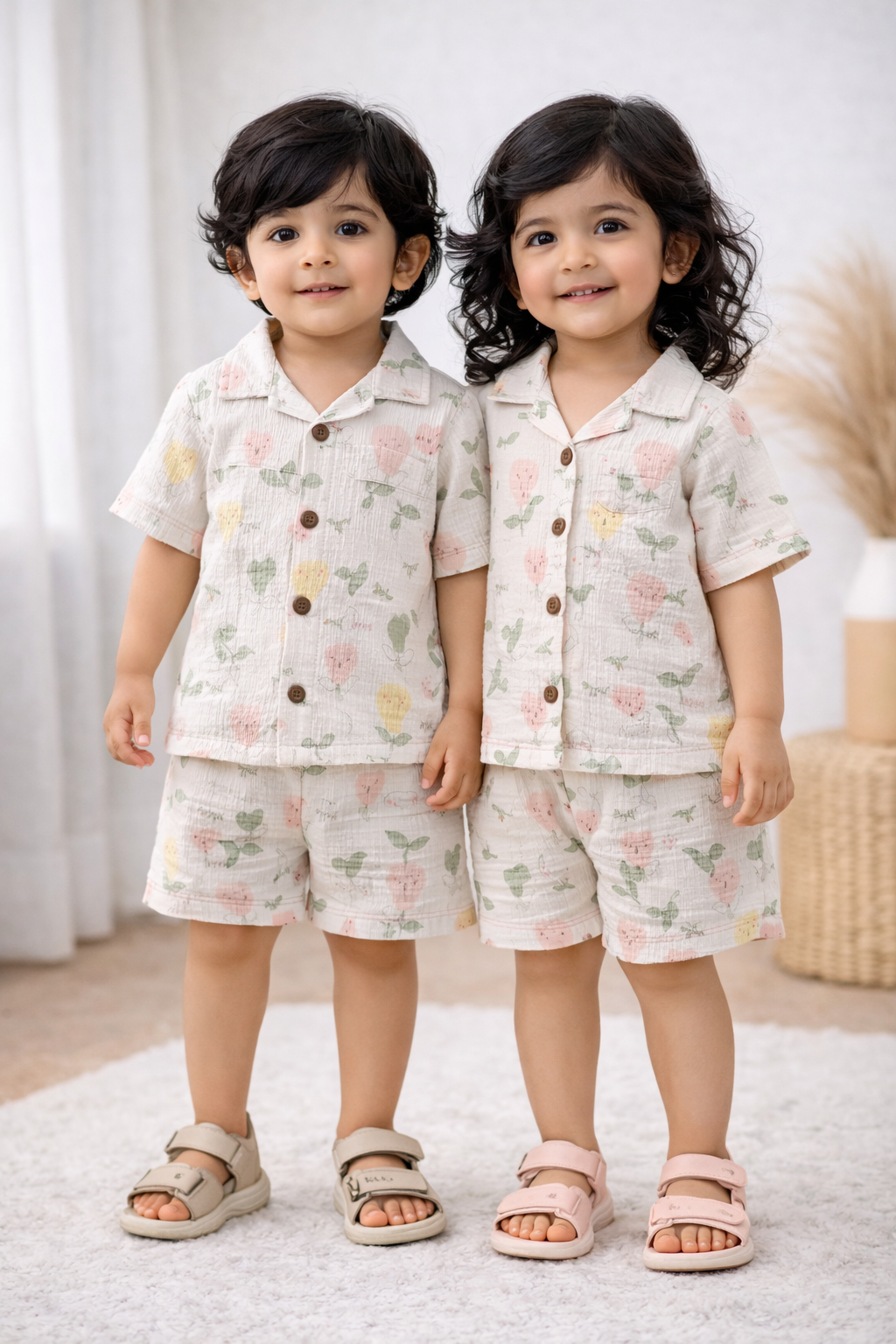Airport -  Crinkled Front open Tshirt with Shorts Sets ( White "Hello")