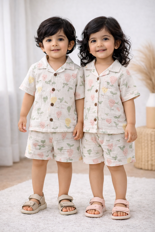 Airport -  Crinkled Front open Tshirt with Shorts Sets ( White "Hello")