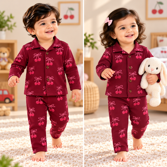 Kids’ Ribbed Collar Full-Sleeve Night Suit – Velvet Cherry (NS001)
