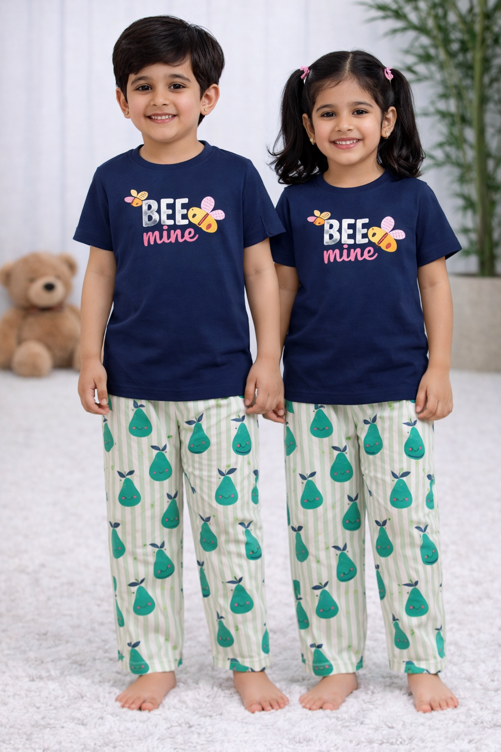 Premium Cotton Contrast Half Sleeves Pajama Set (Black -Bee Mine-Green )
