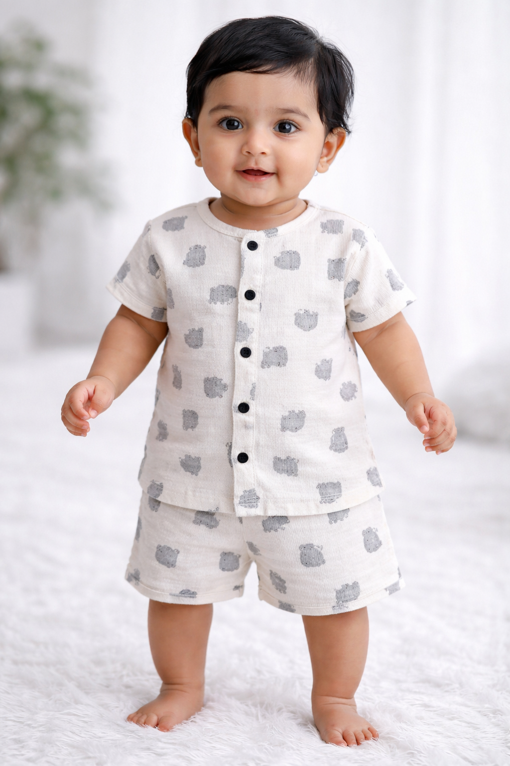 Airport - Crinkled  Front open Tshirt with Shorts Sets (Black Bear)