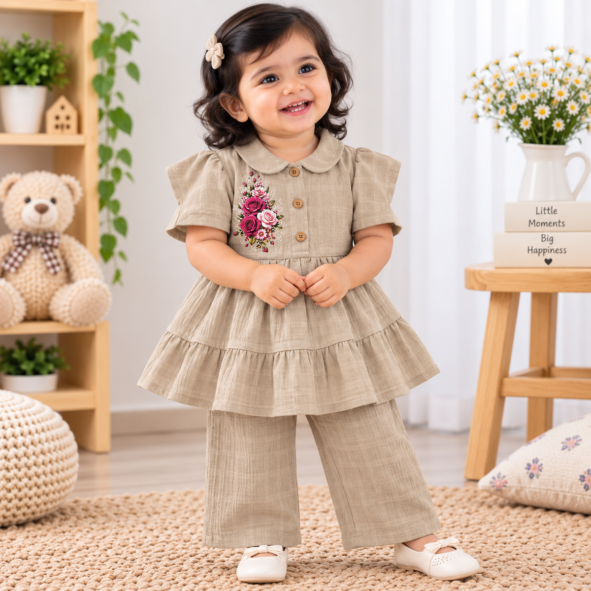 Airport - Kids Muslin Print Peter Pan Collar Frock With Pant (Sand Purple Flower)
