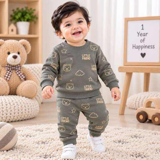 Premium Fleece Winter T-Shirt With Cuffed Pant (Grey - Little Friend)