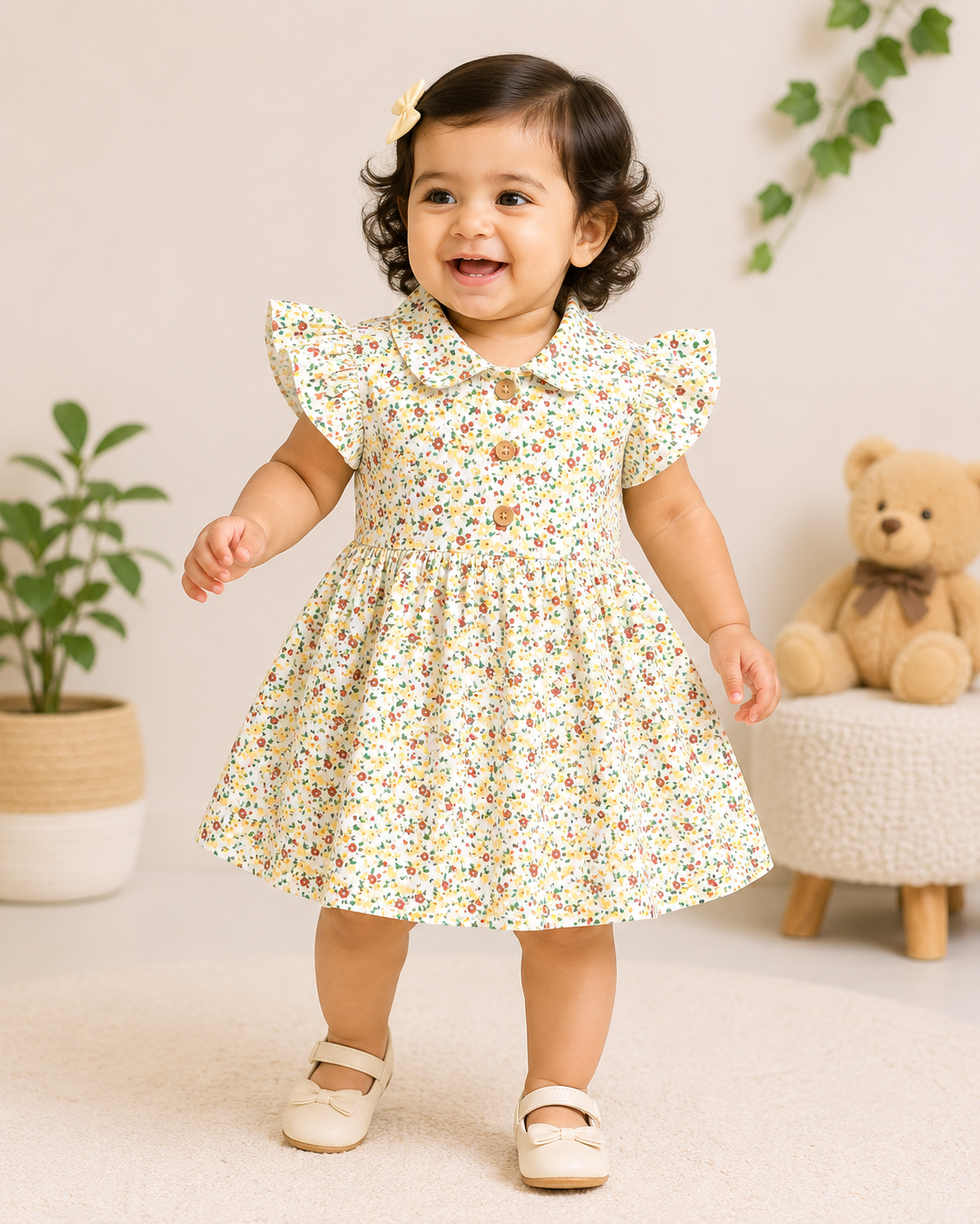Collared Frill Frocks (Brown Yellow Flower)