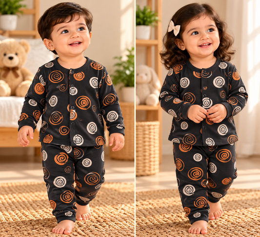 Kid's Front Open Lounge Wear Sets (Black Sand Design)