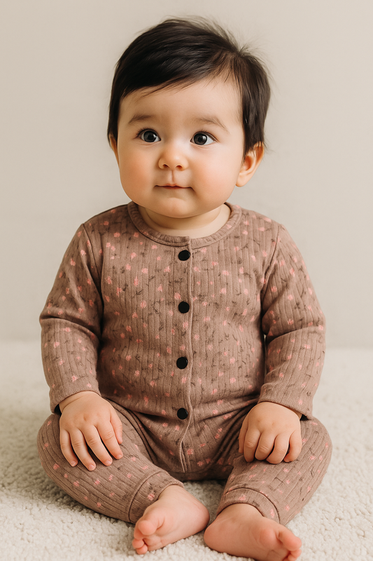 Front Open Full sleeves Ribbed Tshirt with Pant (Brown Floral)