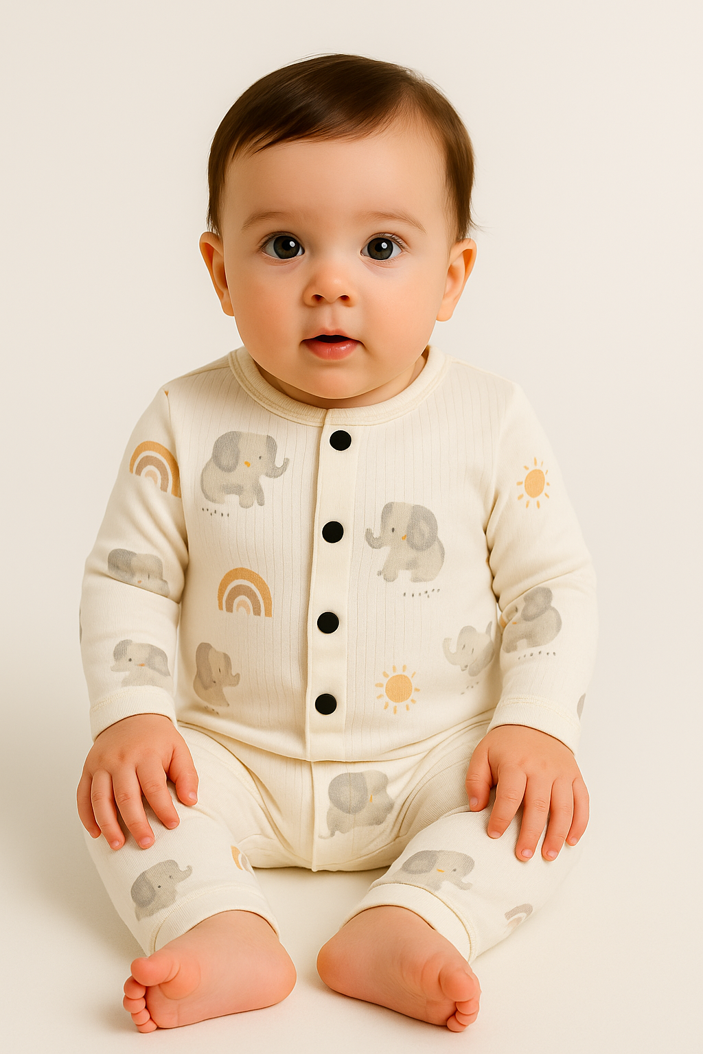 Front Open Full sleeves Cotton Tshirt with Pant ( White Elephant)