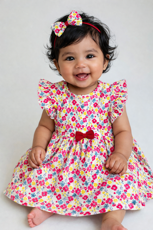 Half Sleeves Frill Frocks with BOW (Red & Yellow Flowers)