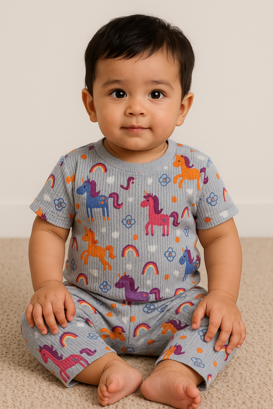 Half sleeves Ribbed Tshirt with Pant (Rainbow 🌈 Unicorns🦄)