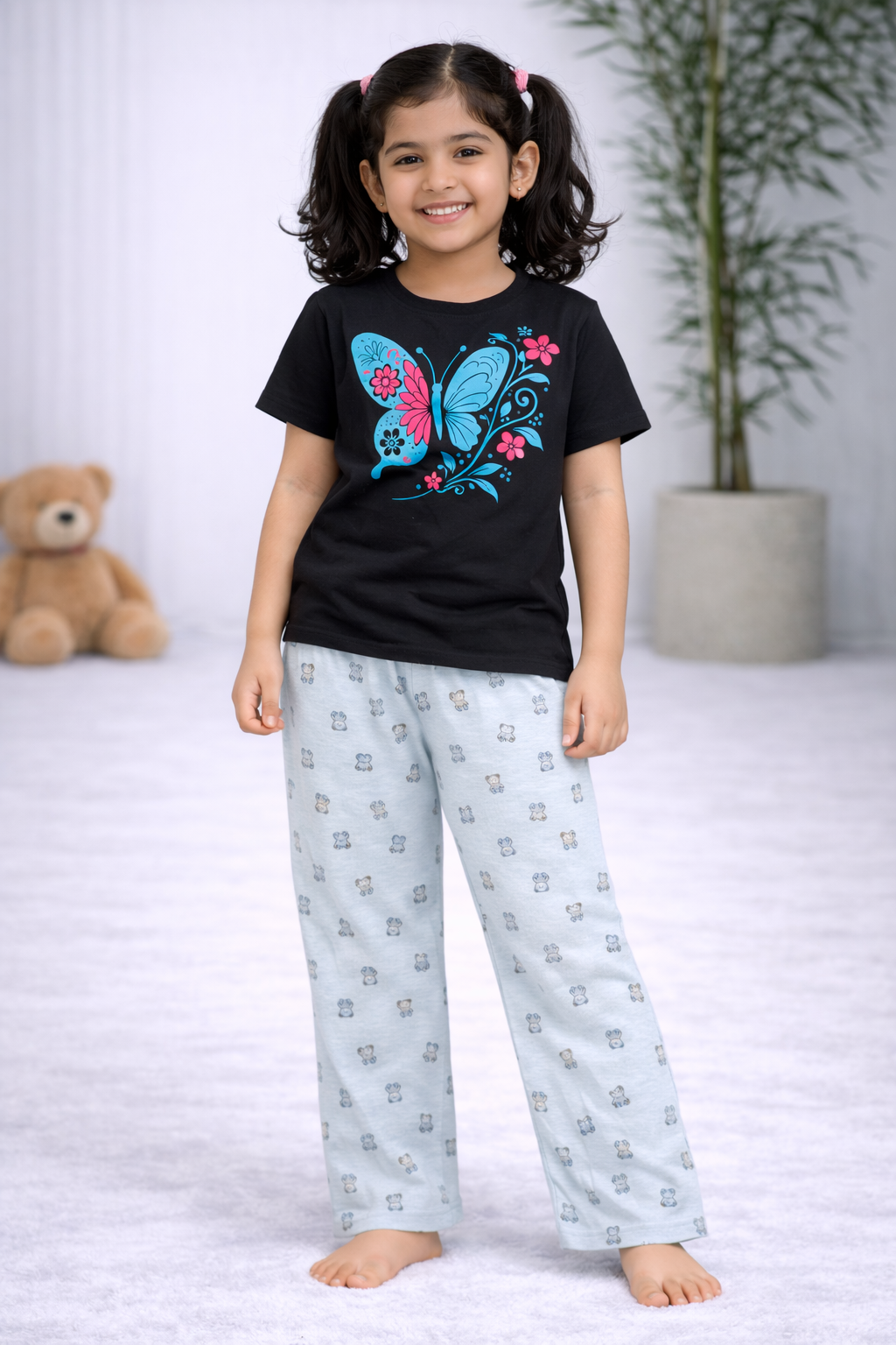 Premium Cotton Contrast Half Sleeves Pajama Set (Black Butterfly - Ice Blue Small Deddy) (Copy)