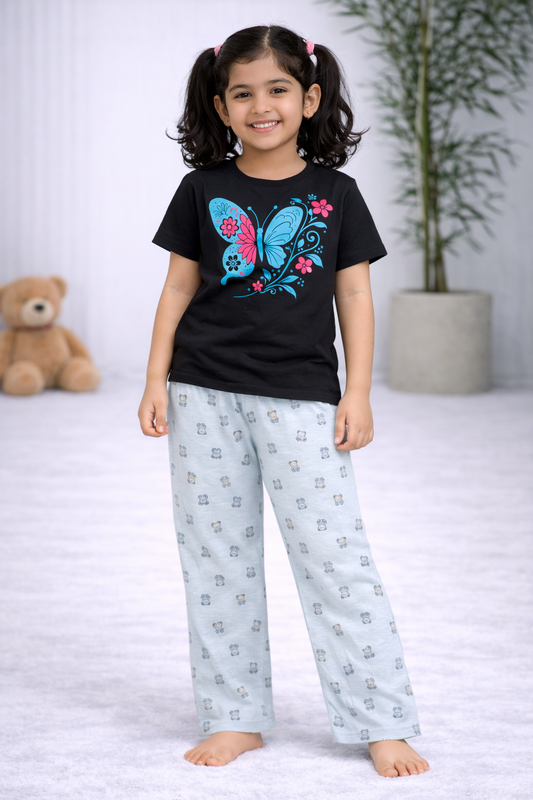 Premium Cotton Contrast Half Sleeves Pajama Set (Black Butterfly - Ice Blue Small Deddy) (Copy)