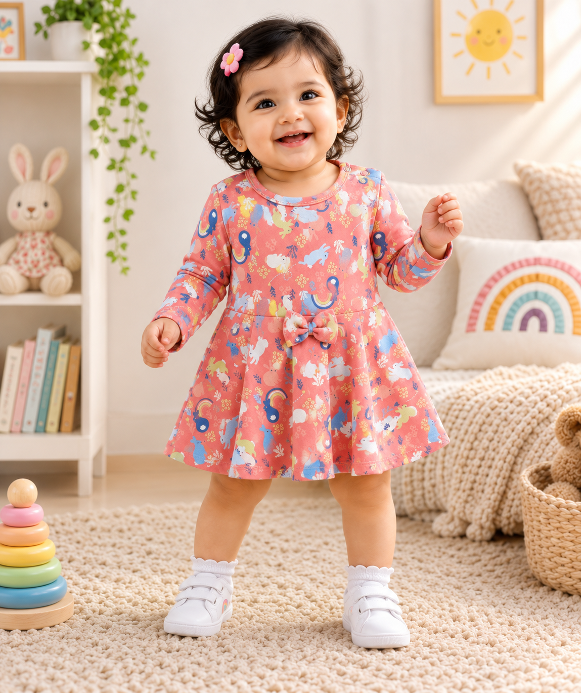 Full Sleeves Frocks with Shoulder Buttons (Colorful Rabbit)