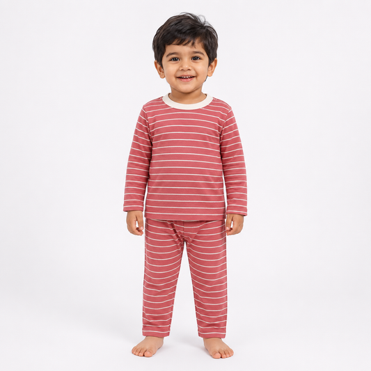 Soft Cotton Full sleeves Tshirt with Pant ( Rust White Stripes)