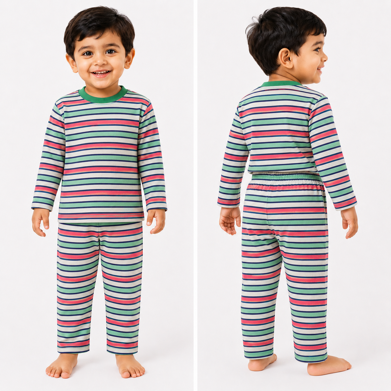 Soft Cotton Full sleeves Tshirt with Pant (Green Red Cream Stripes)