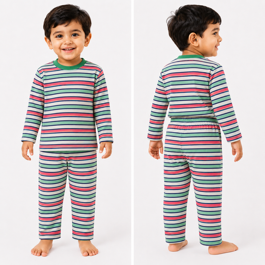 Soft Cotton Full sleeves Tshirt with Pant (Green Red Cream Stripes)