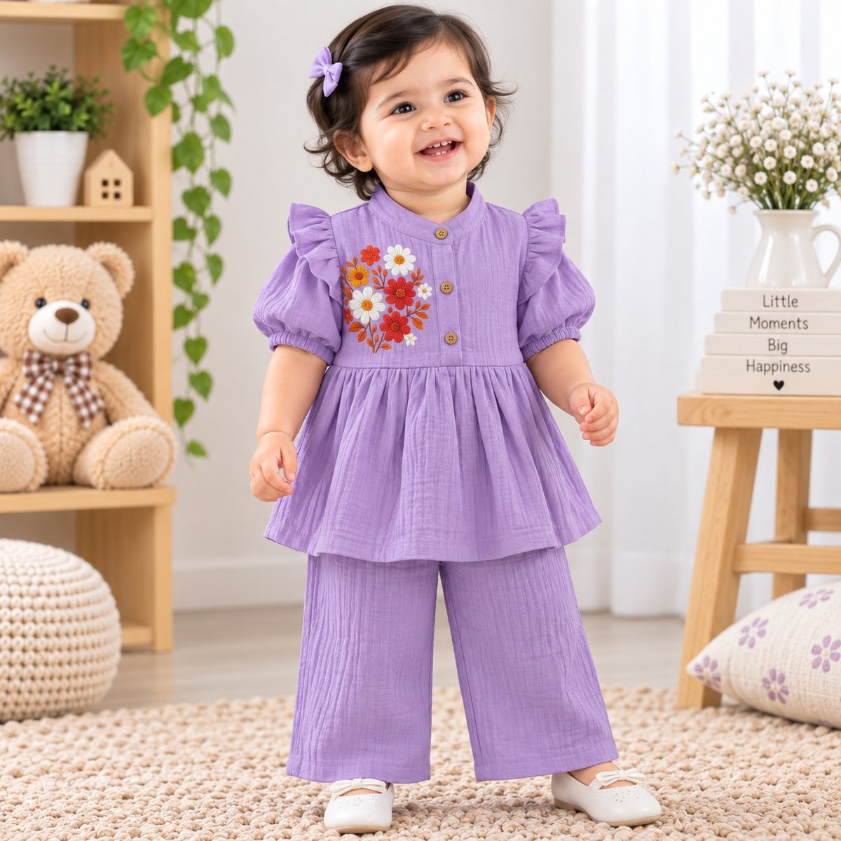 Airport - Kids Muslin Print  Balloon Sleeves Frock With Pant ( Orehid White Maroon Flower )