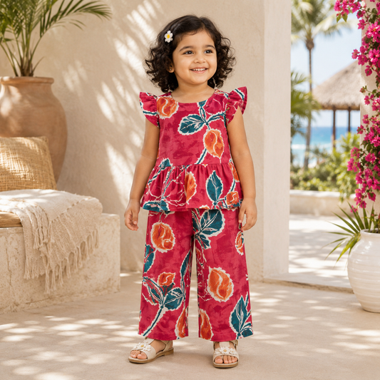 Girls Casual Cotton Printed Semi- Peplum Top & Pant Co-ord Set (0-11 Yrs) (C043)