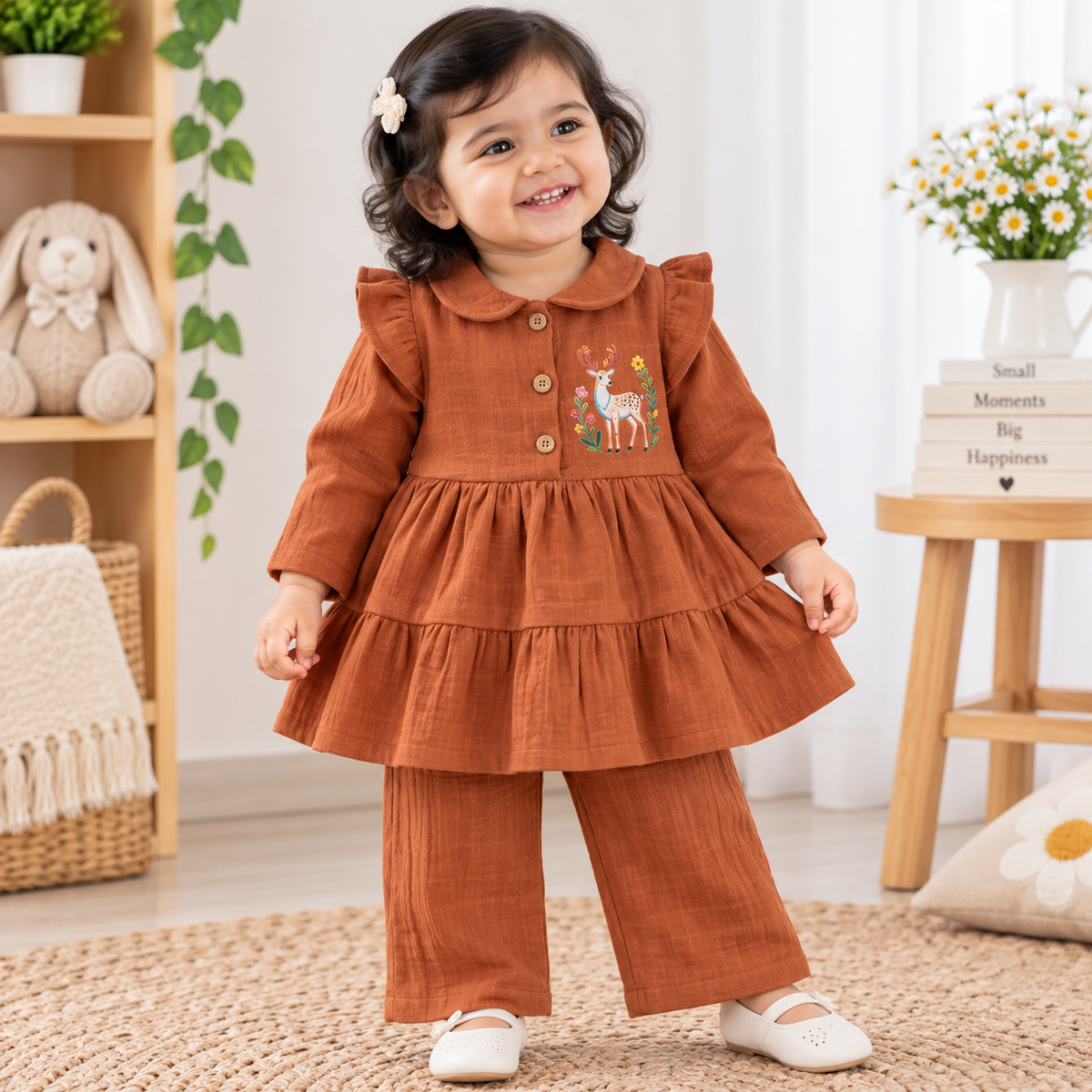 Airport - Kids Muslin Print Peter Pan Collar Frock With Pant (Rust Deer& Flower)