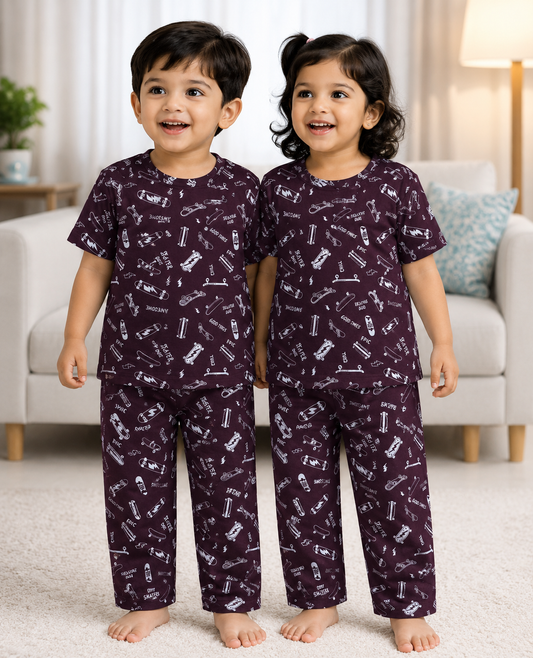 Premium Cotton Half sleeves Tshirt with Pant (Maroon Skat)