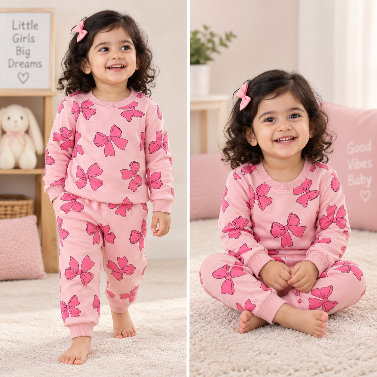 Premium Winter Full Sleeves T-Shirt with Pant (Light Pink Bows)