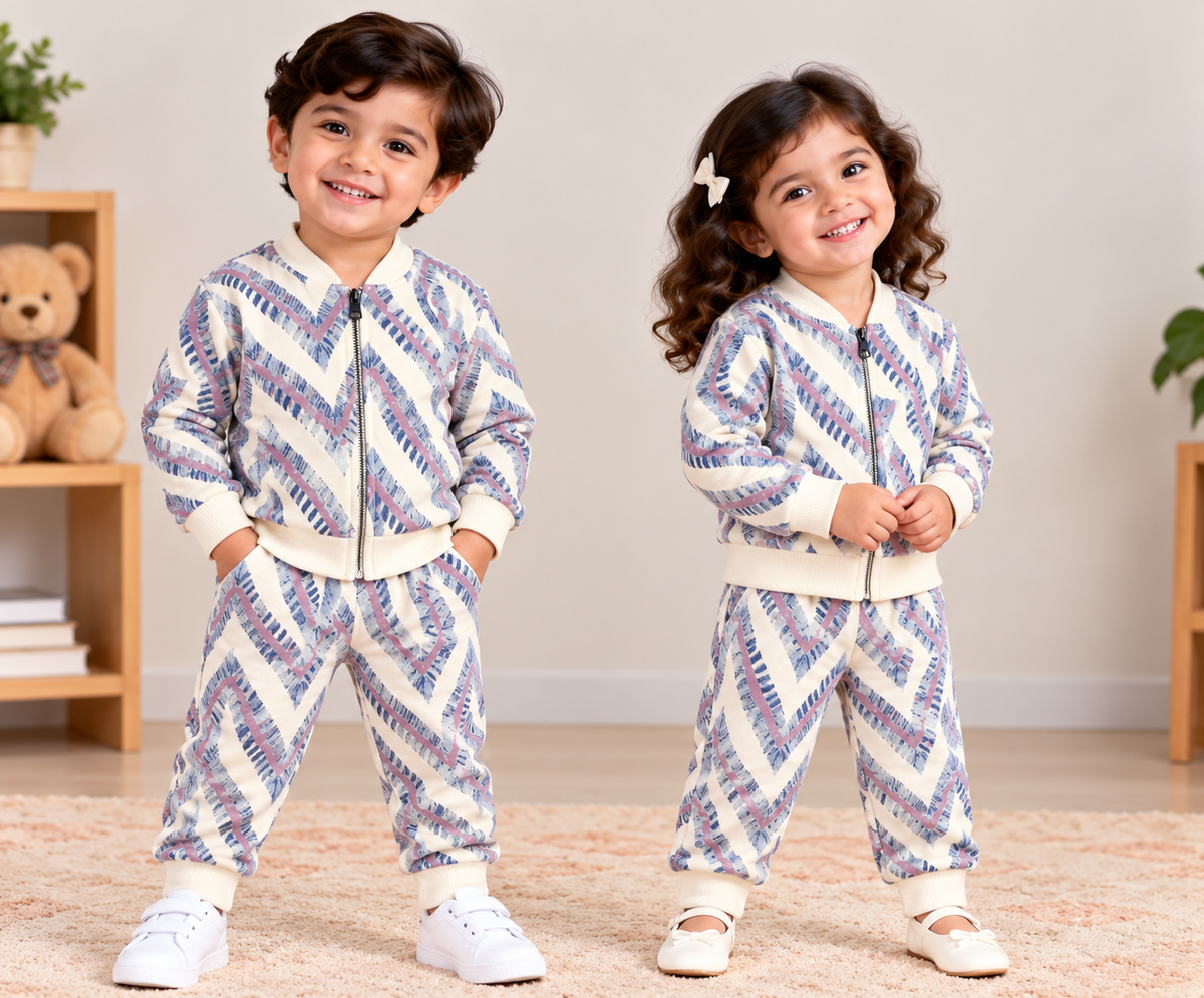 Kids Loopknit Winter Set – Full-Zip Top & Pants, Cream Colorful (FZ005)