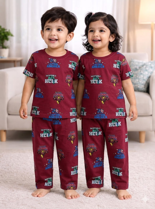 Premium Cotton Half sleeves Tshirt with Pant (Marvel Maroon)