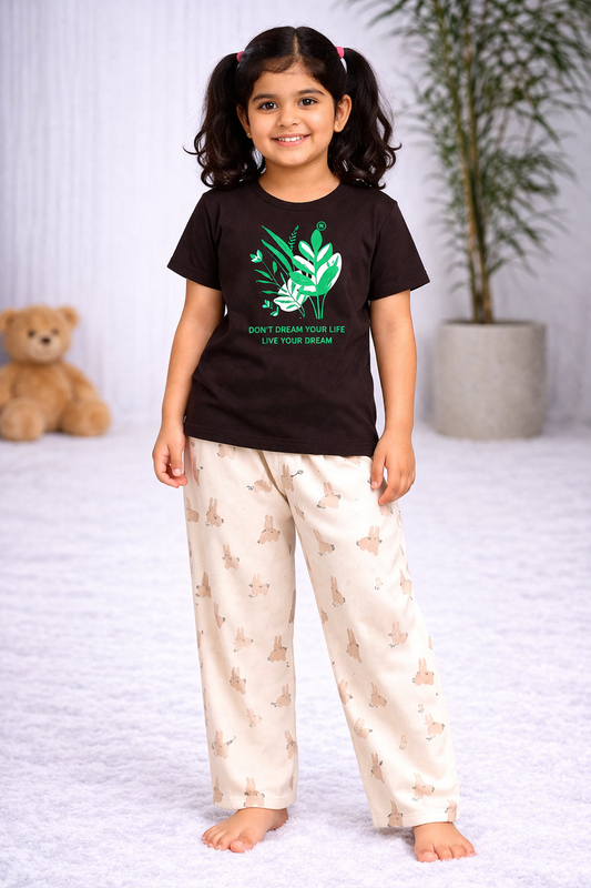 Premium Cotton Contrast Half Sleeves Pajama Set (Brown Flower- Beige Rabbit)