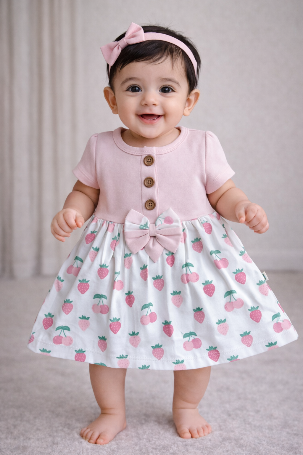 Cotton Front Button Bow Frocks(Light pink strawberry)