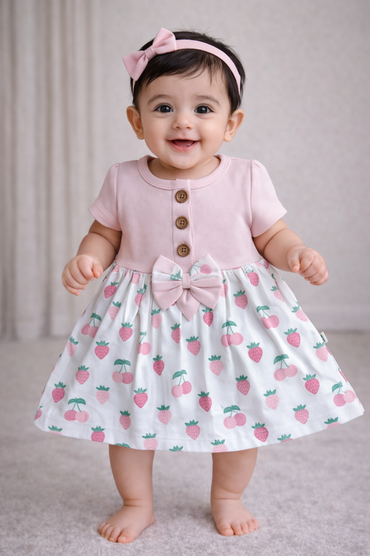 Cotton Front Button Bow Frocks(Light pink strawberry)