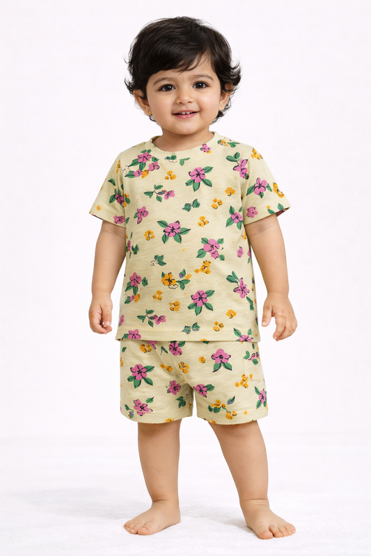 Cotton Shorts Sleeves Tshirt with Shorts Sets (Yellow Flowers)