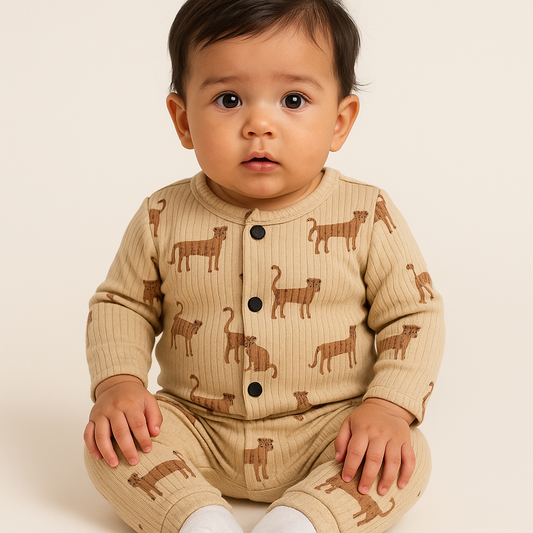 Front Open Full sleeves Ribbed Tshirt with Pant (Brown Tiger)