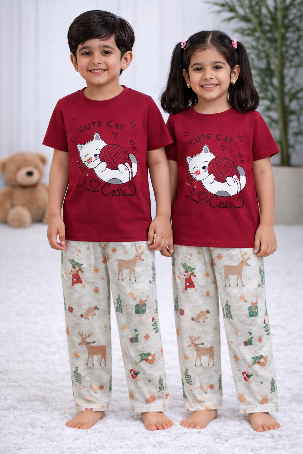 Premium Cotton Contrast Half Sleeves Pajama Set (Red KITTY + GOLD STAR)