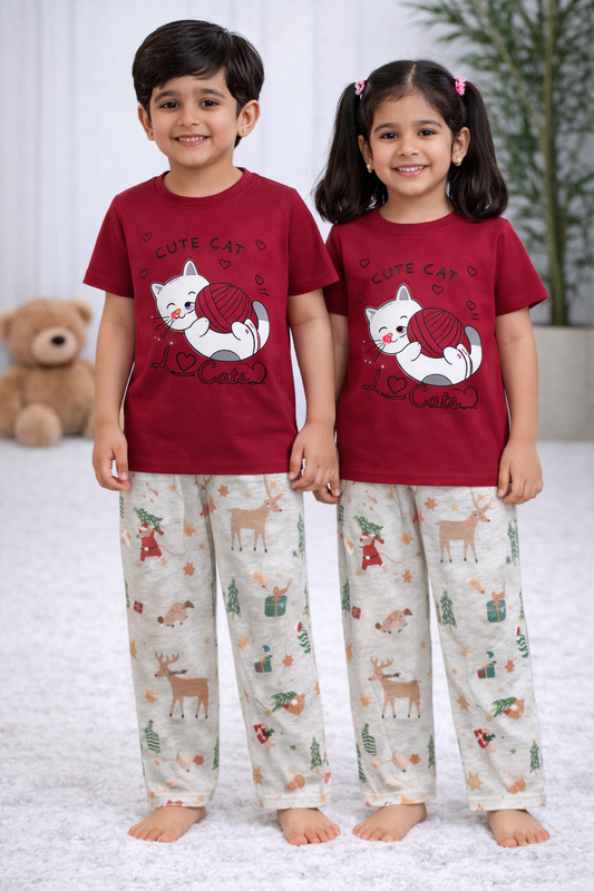 Premium Cotton Contrast Half Sleeves Pajama Set (Red KITTY + GOLD STAR)