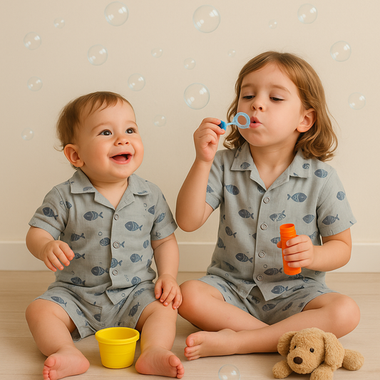 Muslin Front open Tshirt with Shorts Sets (Blue Fishes)