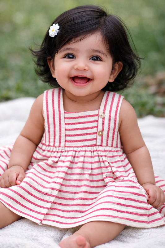 Half Sleeves Frill Frocks with BOW (Pink Stripes)