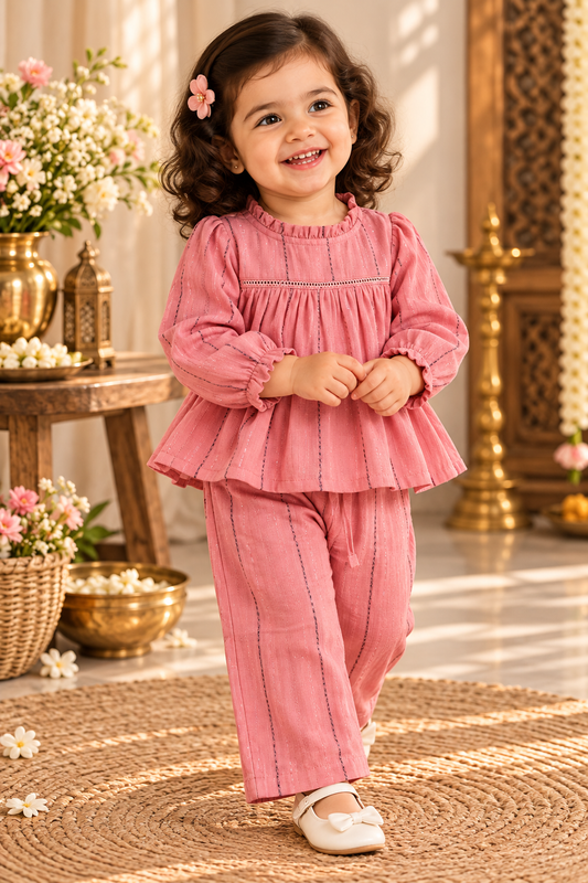 Girls Festive Cotton Printed Peter Pan Collar Co-ord Set (CR002)(Rosy)