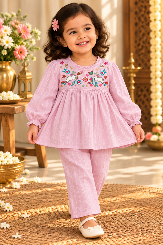 Kids Muslin  Peter Pan embroidery Frock With Pant (lavender)