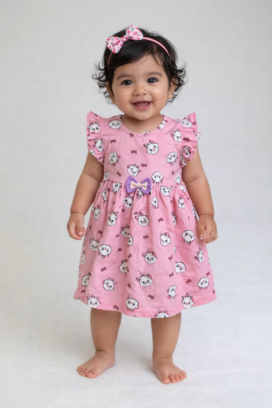 Half Sleeves Frill Frocks with BOW (Pink Meow)