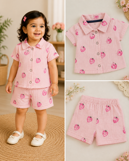 (M0010) - Airport - Kids Co-ord Set – Front Open Collar Shirt & Shorts (Pink Strawberry)