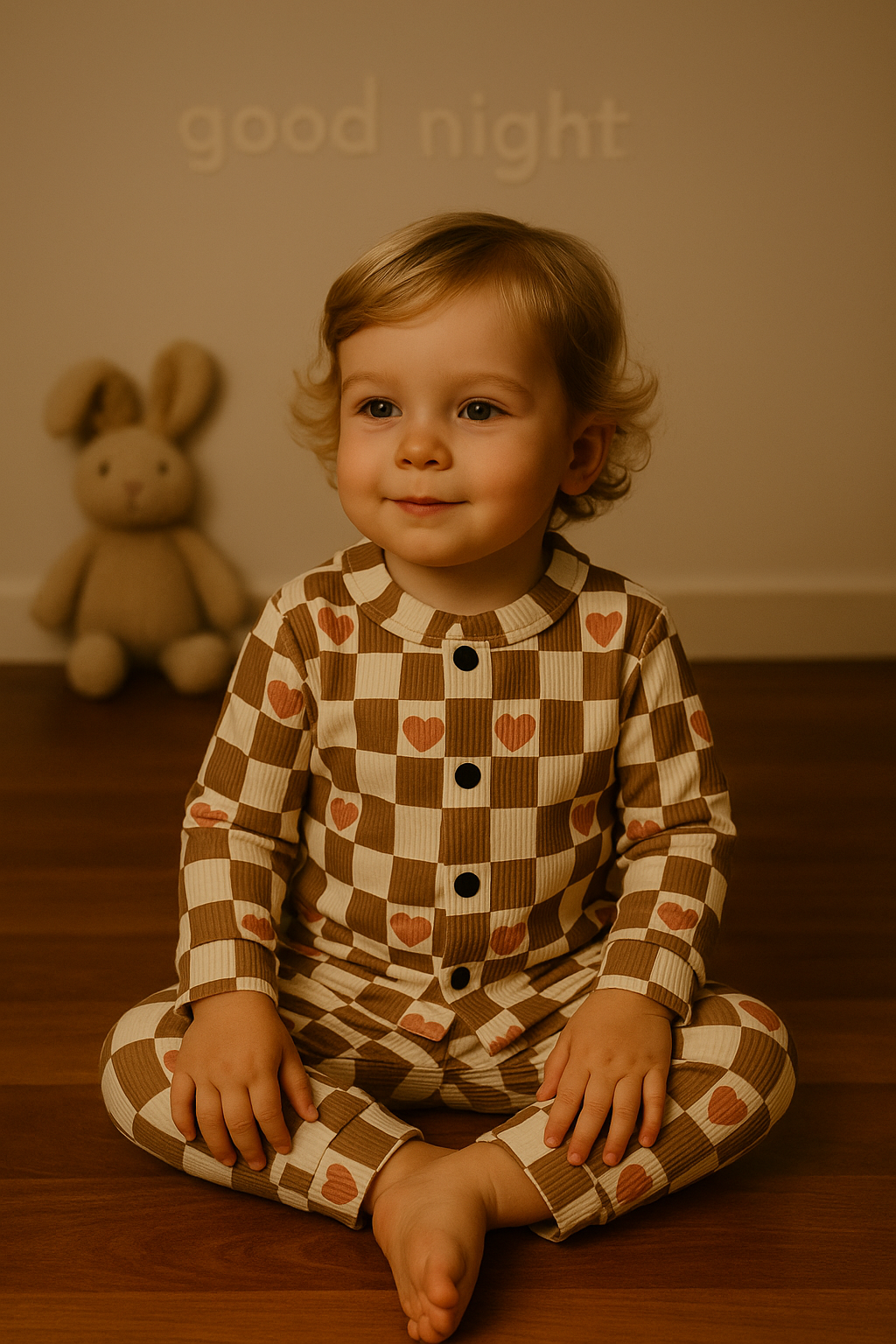 Kid's Front Open Lounge Wear Sets (Brown Checked Heartin)