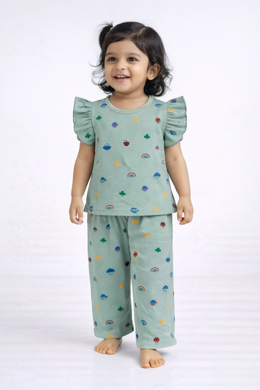 (FT004) - Frill Top & Palazzo Pant set (Strong Green)