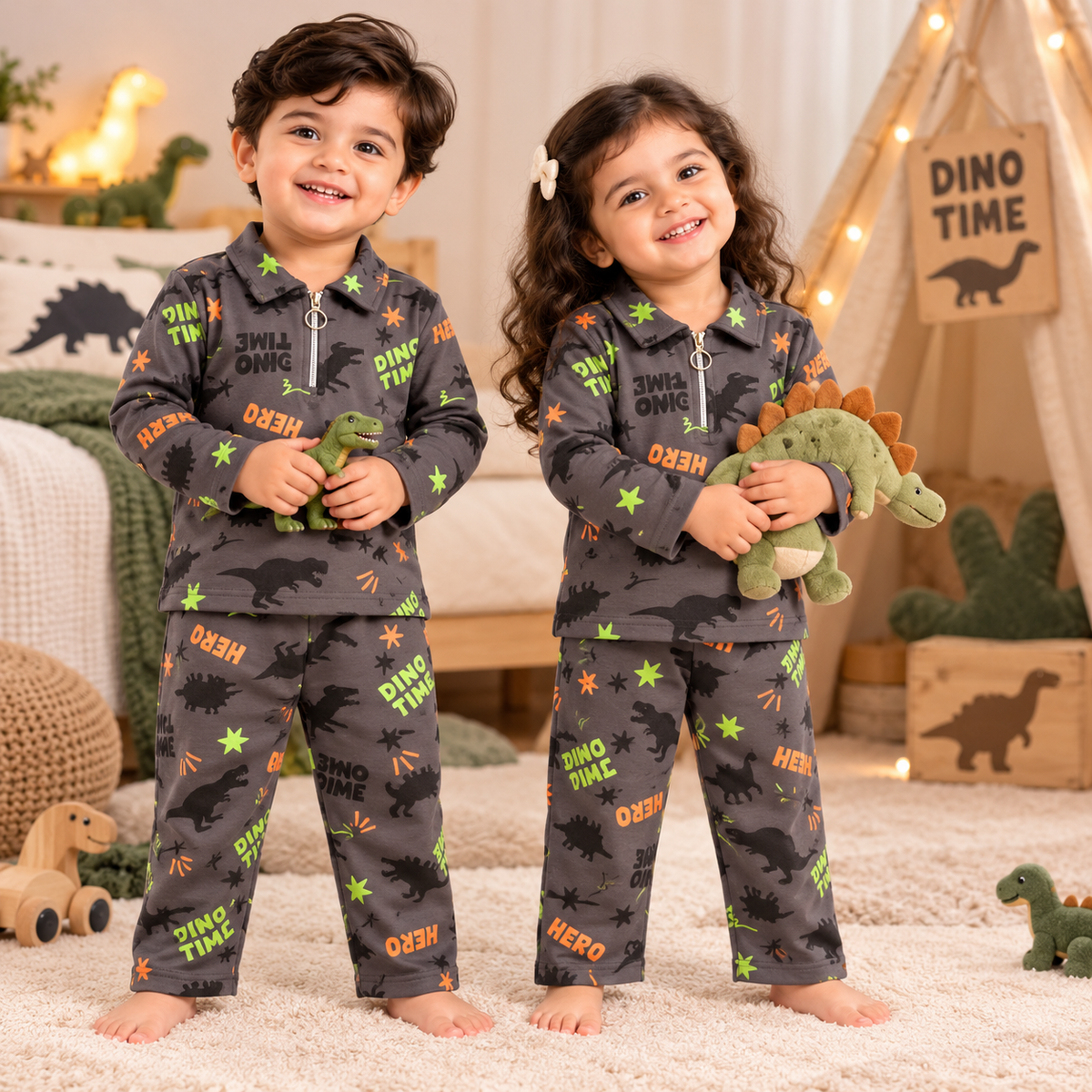 Premium  Winter Set –  Zipper T-Shirt With Pant (Grey - Dino Time)