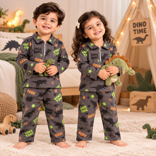 Premium  Winter Set –  Zipper T-Shirt With Pant (Grey - Dino Time)
