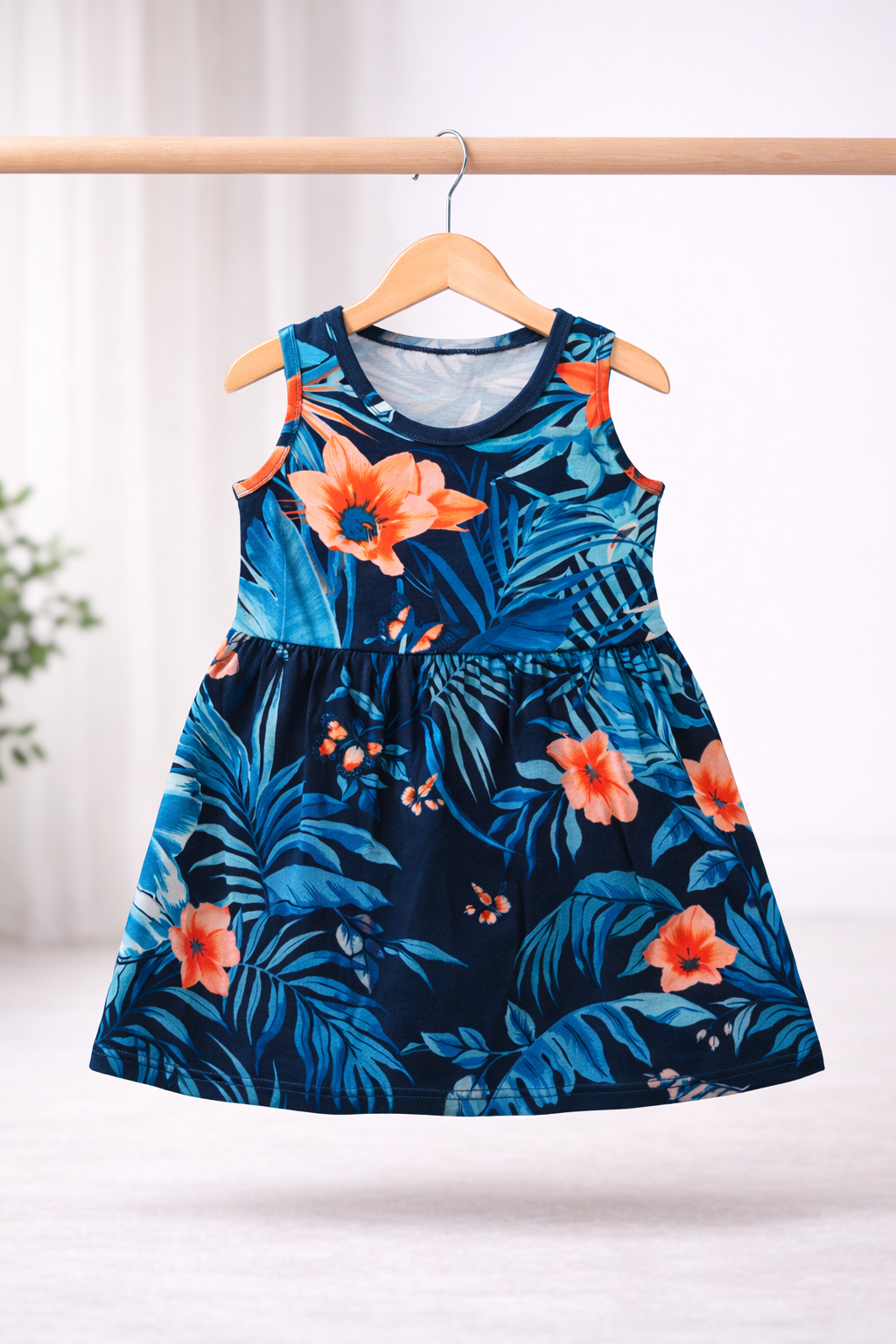 Sleeveless Cotton Frocks (Blue :Orange Flower)