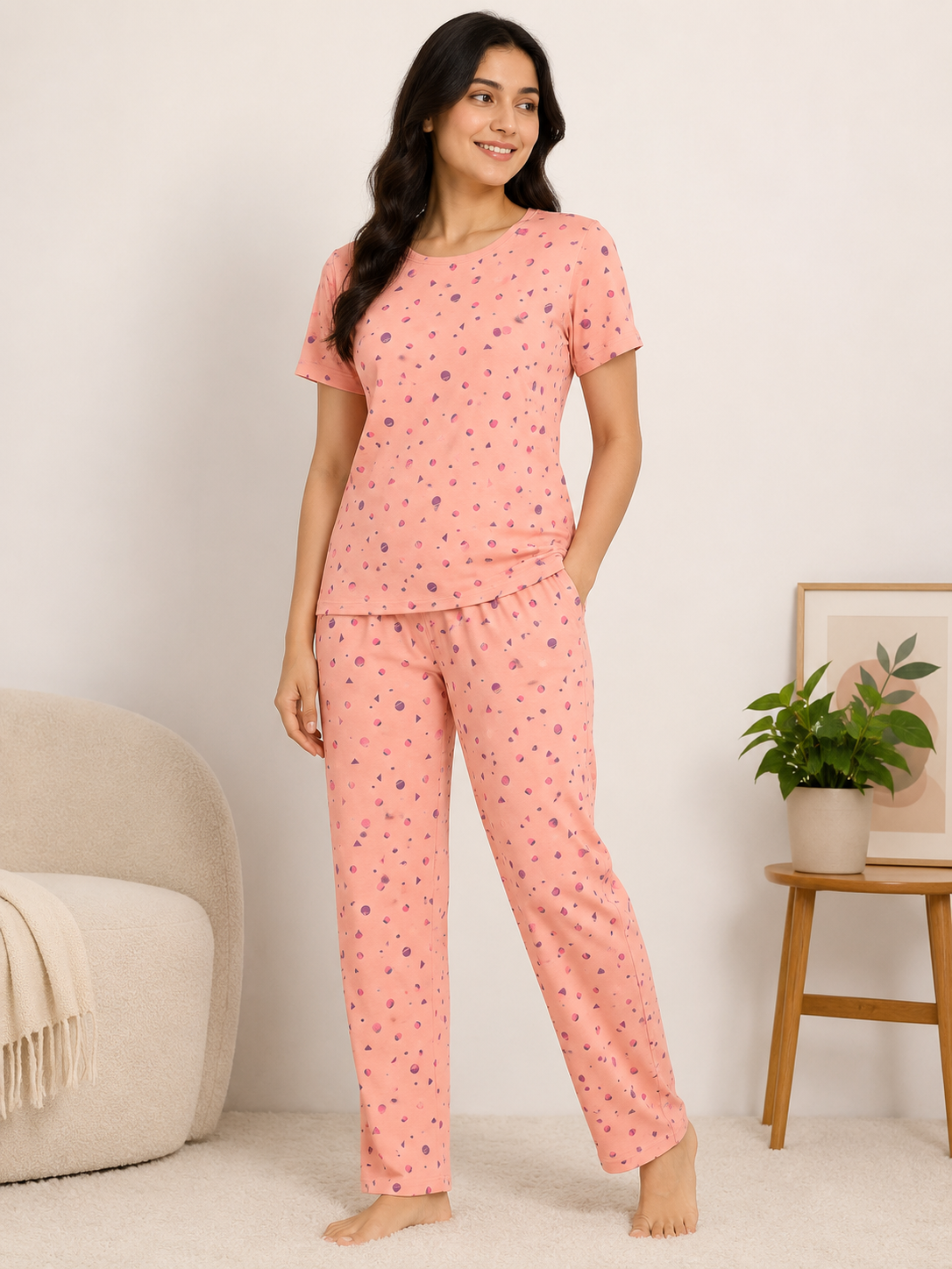 Women's Premium Cotton T-Shirt & Pant Co-Ord Set Lounge Wear With Pocket ( Peach Shapes)