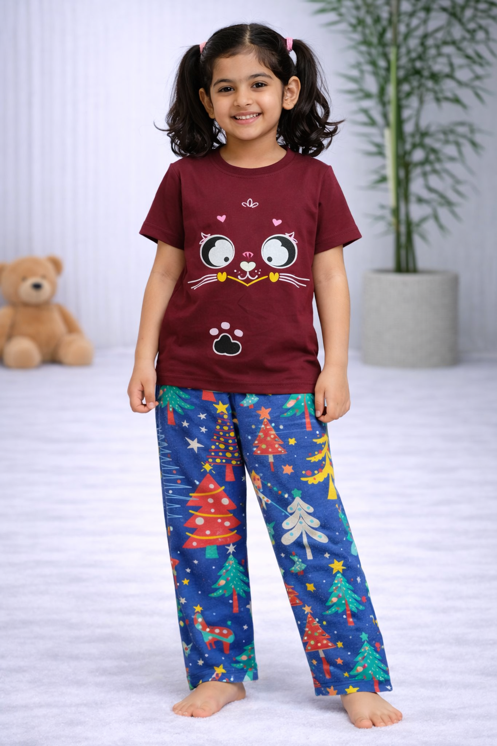 Premium Cotton Contrast Half Sleeves Pajama Set (Maroon - Colorful Christmas Trees)