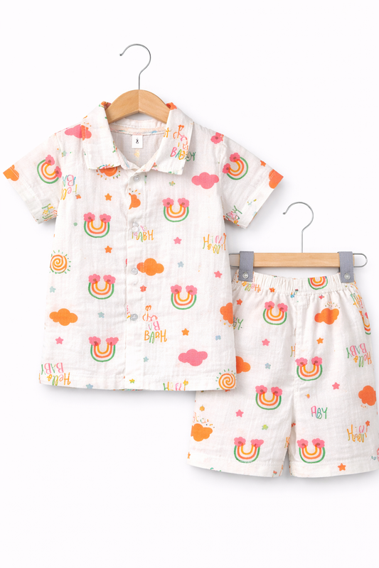 Airport - Kids Muslin Co-ord Set – Front Open Collar Shirt & Shorts (White Rainbow -"Hello Baby"))